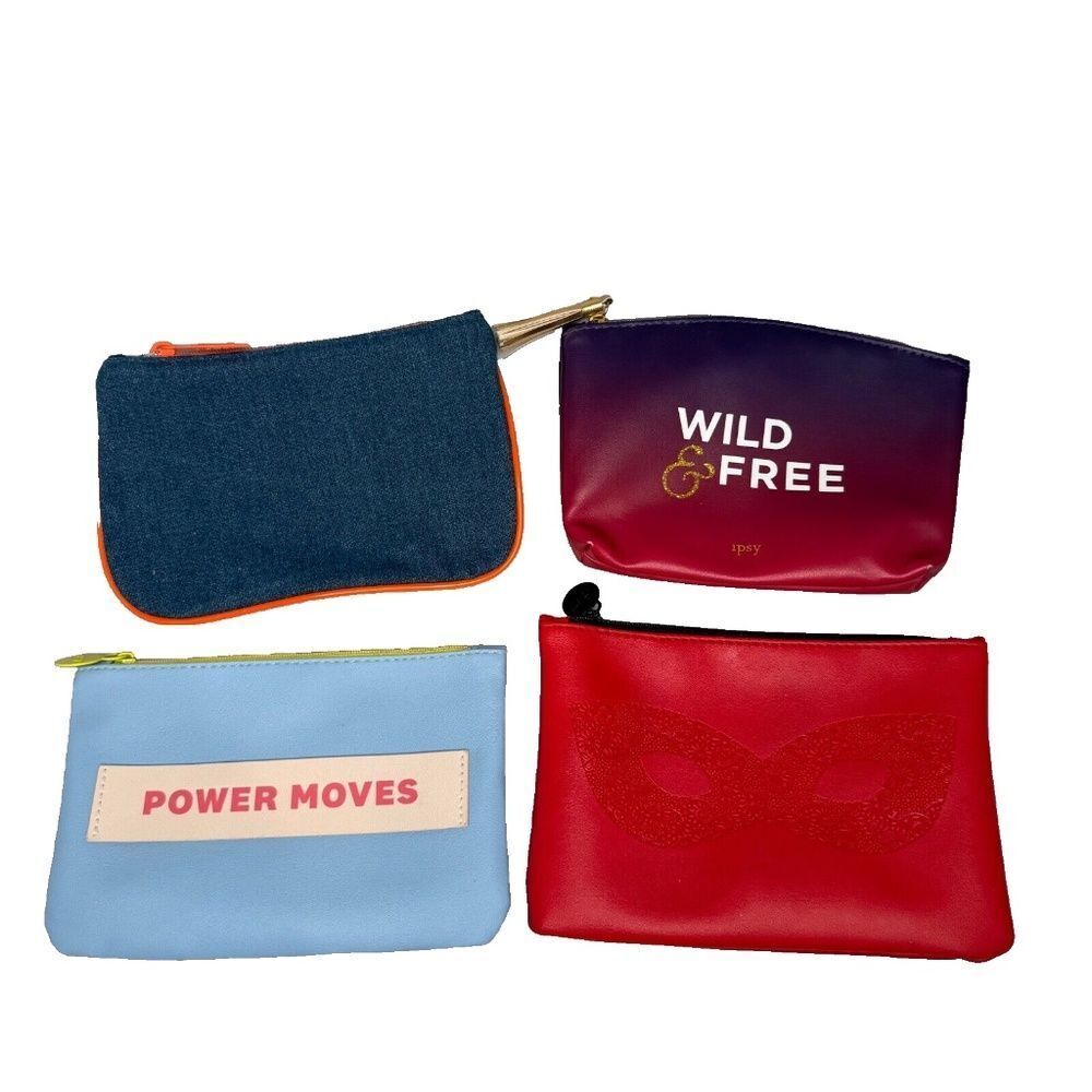 Ipsy Wild and Free, Power Moves, Red Mask, Denim Makeup Bags Set of 4 - EUC-